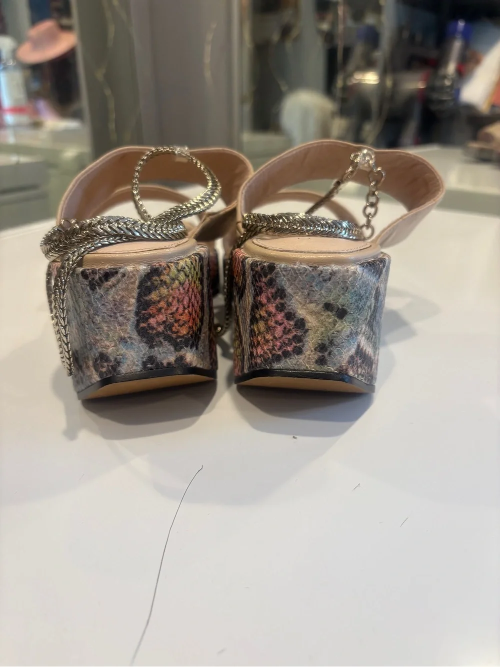 CECELIA NEW YORK Beige Platform Slide Sandals with Multicolor Patterned Wedge